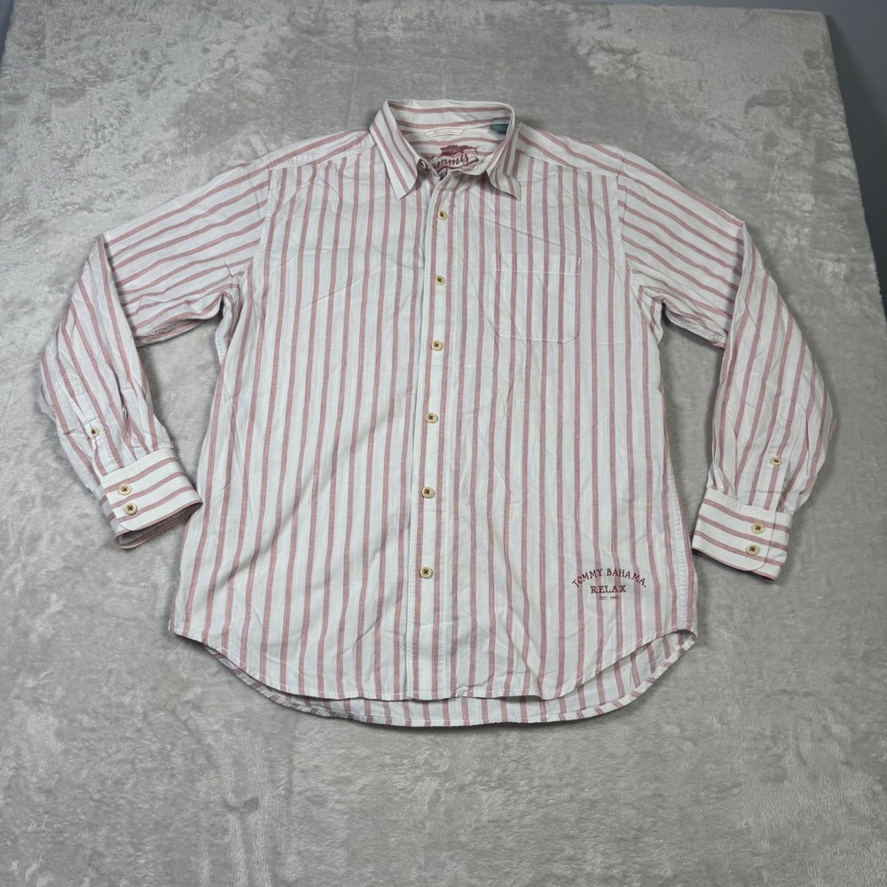 Tommy Bahama Relax Mens Shirt Small‎ Striped Cotton Button Down Casual Red white